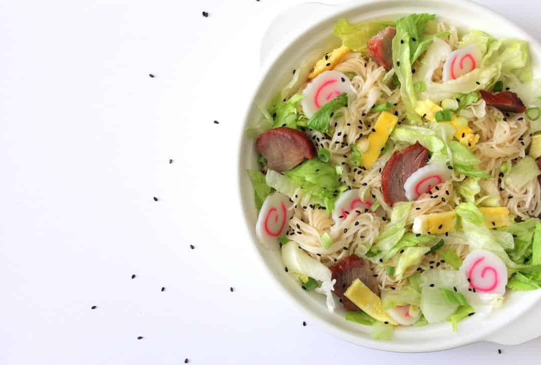 Somen salad is one of those things that's perfect if you make a few hours ahead. The noodles start to soak up some of the salty/sweet/nutty dressing, and get super flavorful. #somensalad #pastasalad #fishcake #potluck