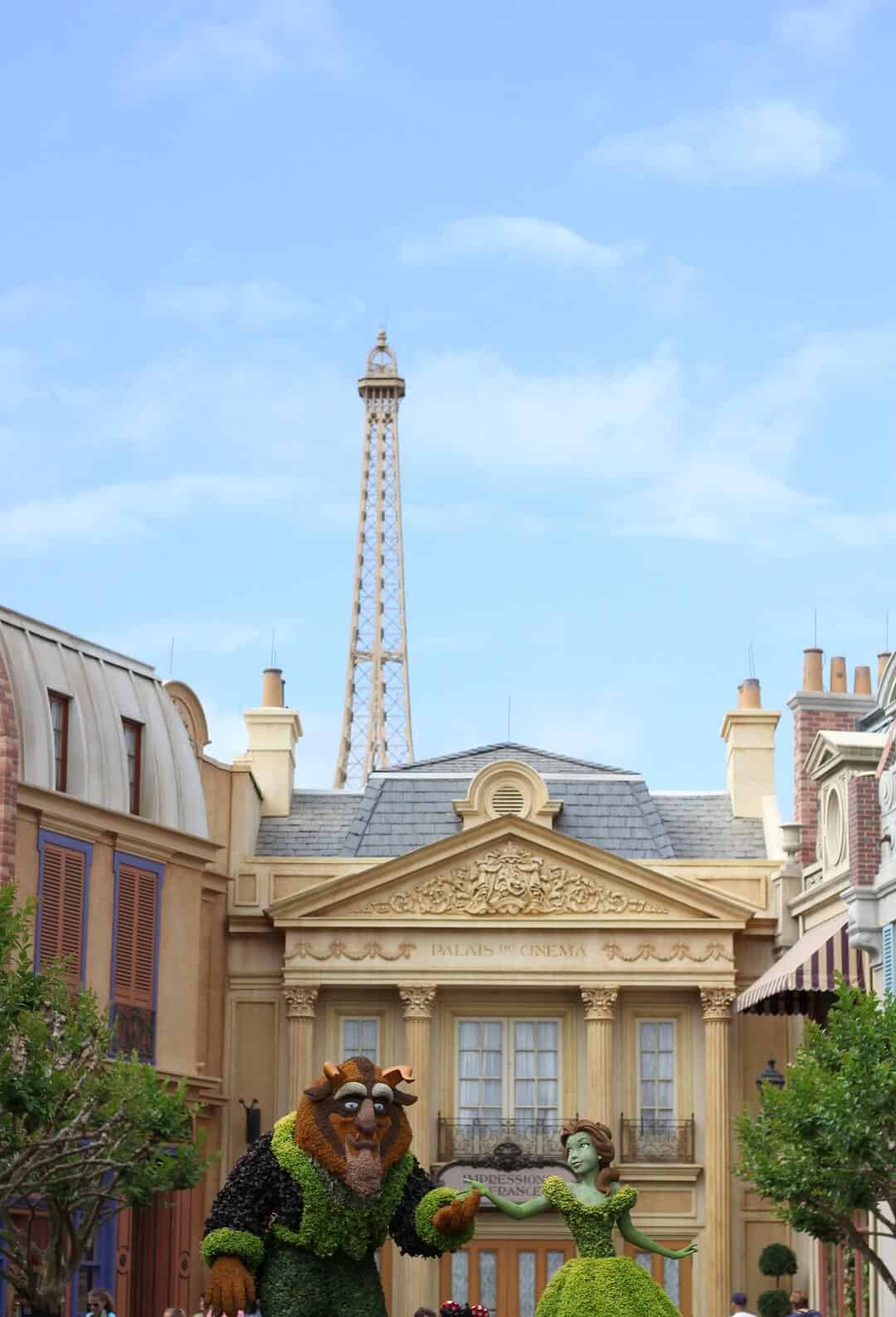 The France pavilion at Epcot in Walt Disney World during the Flower and Garden Festival, featuring a Beauty and the Beast topiary. #francepavilion #epcot #waltdisneyworld #themeparks