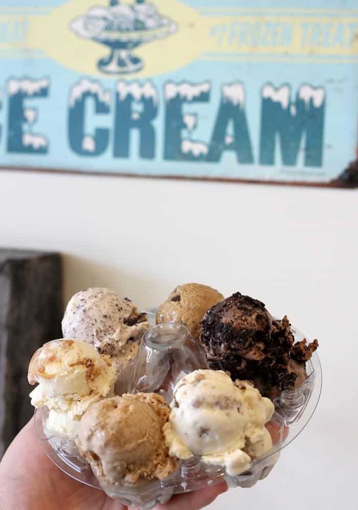 Ice cream (peppermint pattie, ooey gooey butter cake, chocolate milk and cookies, coffee toffee coffee, Nonna D's oatmeal lace, and baked/unbaked) from Ample Hills Creamery at Disney Boardwalk in Walt Disney World. #amplehills #icecream #waltdisneyworld #travelguide #themeparks