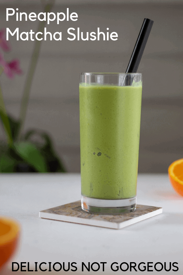 No need to find a fresh pineapple! Frozen pineapple works best and gives this pineapple green tea slushie its thick, slurpable consistency. #pineapple #tea #matcha #drinks #nonalcoholic
