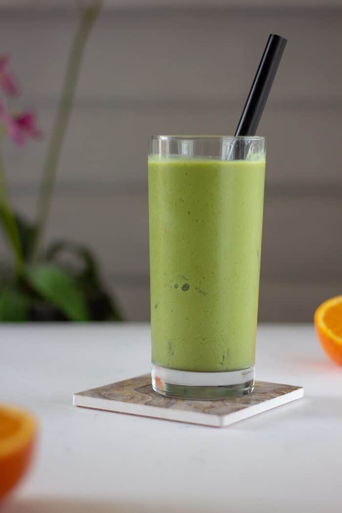 Plenty of orange juice and zest, as well as frozen pineapple (duh!), give this pineapple green tea slushie plenty of tang. #pineapple #tea #matcha #drinks #nonalcoholic